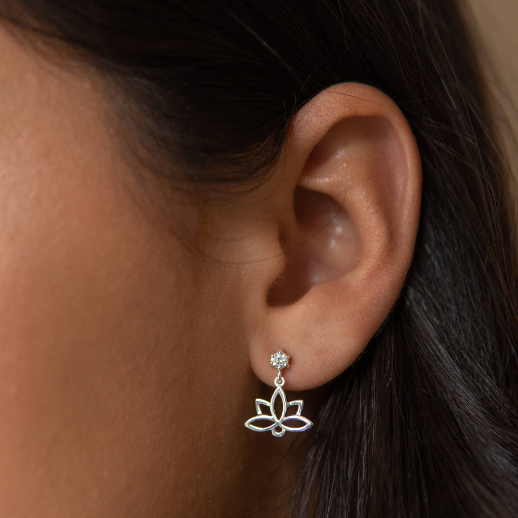 Elegant Silver Lotus Flower Drop Earrings with Crystal Studs