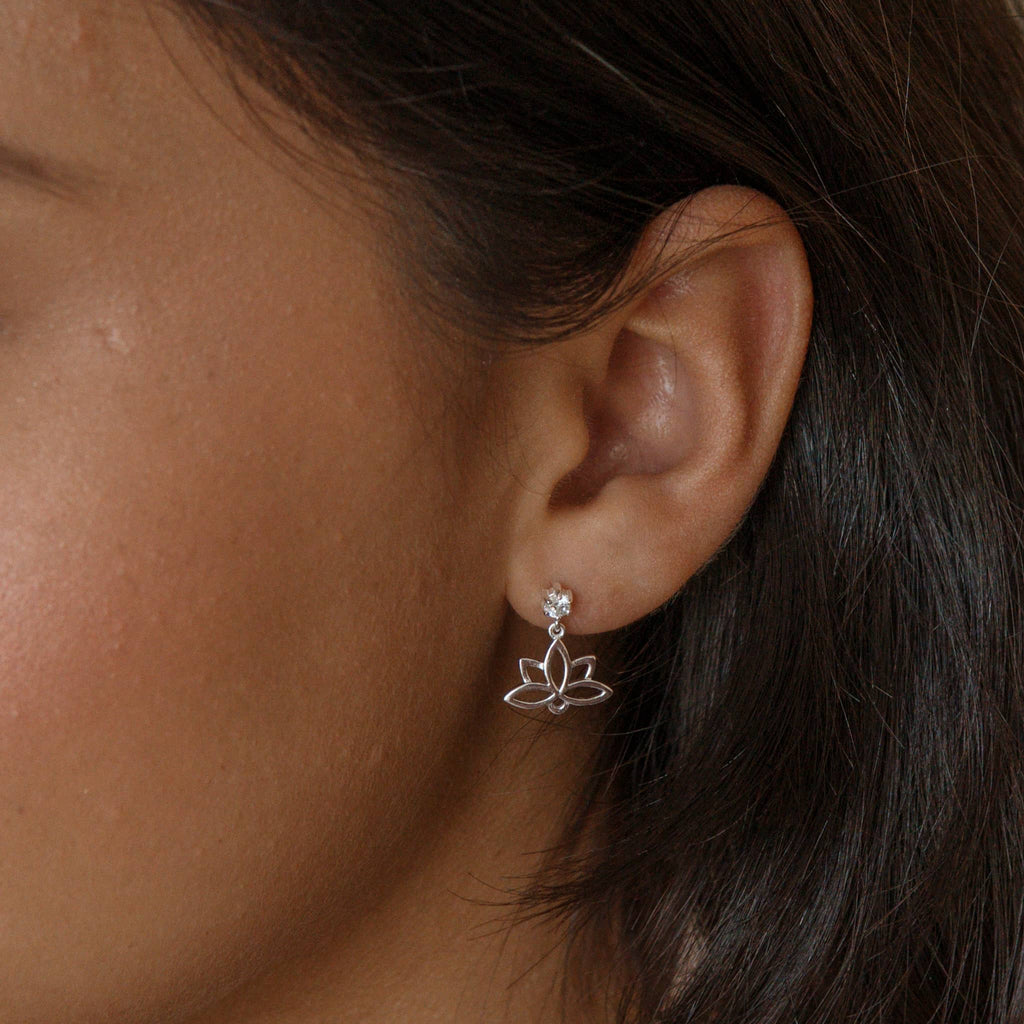 Delicate Lotus Flower Drop Earrings in Silver with Crystal Accents
