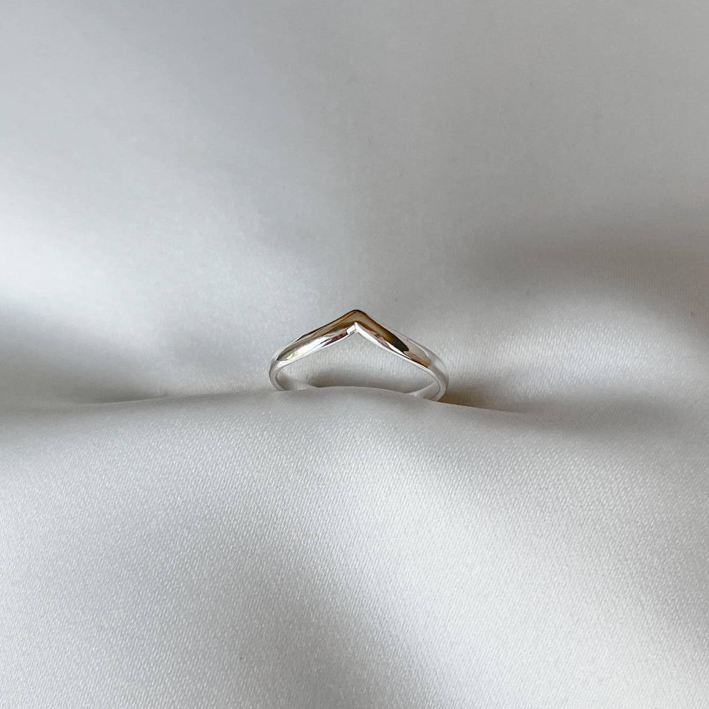 Close-up of sterling silver chevron ring, highlighting its modern and minimalist style.